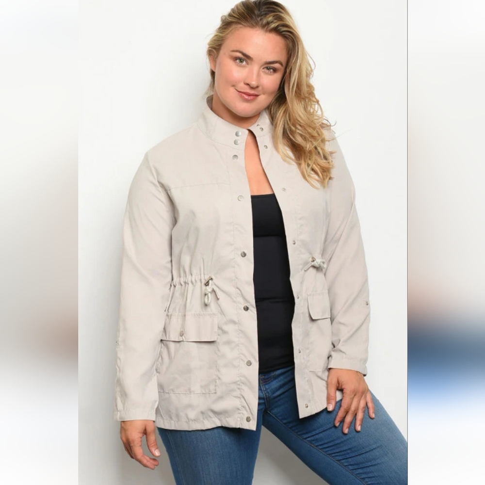 Light Weight Tan Jacket with zgold Detail Toggle Waist Plus Size